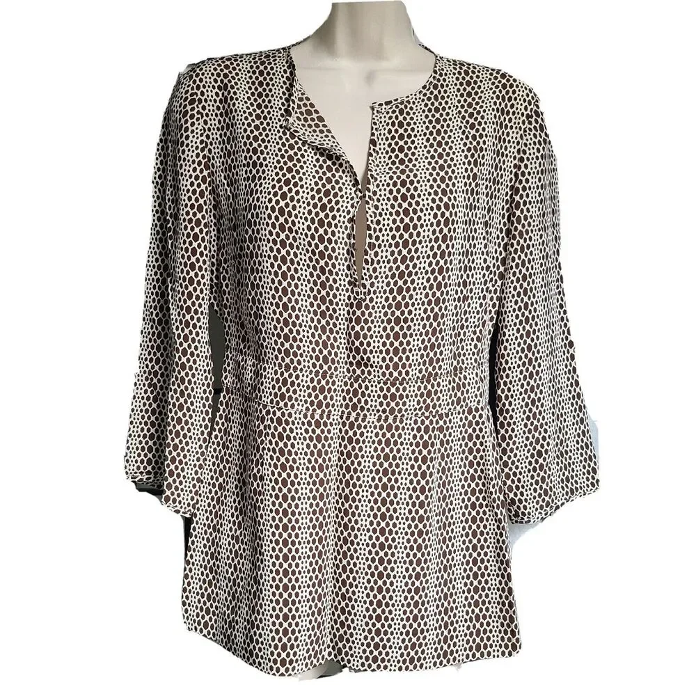 Tory Burch Womens Size 4 100% Silk Geometric Long Sleeve Blouse Tunic Brown